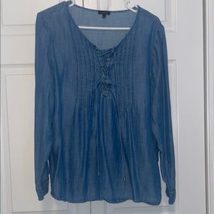 Talbots Blue Long Sleeve Ruched Tie Front Blouse